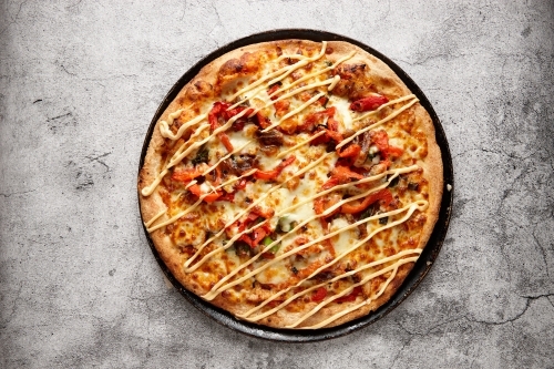 top shot of a mona peri peri pizza - Australian Stock Image