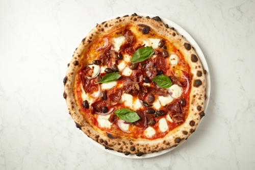 top shot of california style pizza - Australian Stock Image