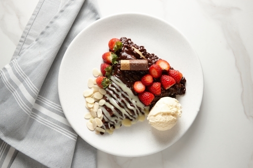 top shot of chocolate strawberry crepe - Australian Stock Image