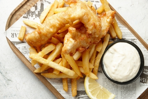 Top shot of fish and chips - Australian Stock Image