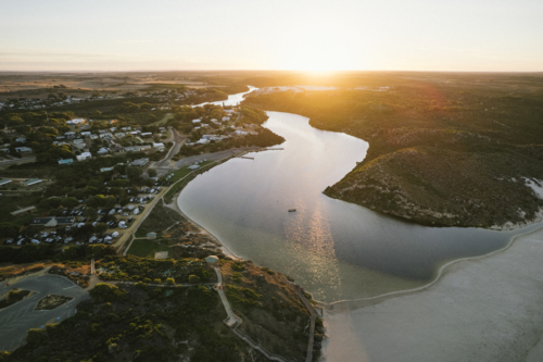 Town of Guilderton and Moore River at sunrise in Western Australia - Australian Stock Image