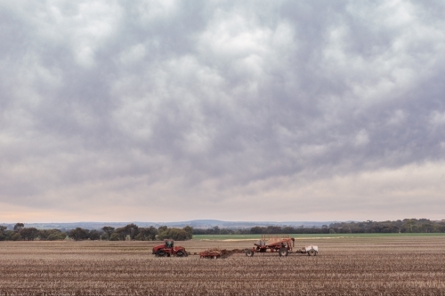 Tractor seeding paddock on an overcast day