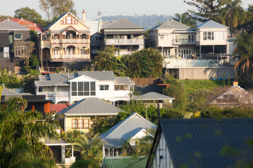 Traditional, old and modern houses on a steep sided slope in Red Hill, Brisbane - Australian Stock Image