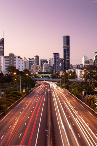 Traffic Streaks and Brisbane City at Sunset - Australian Stock Image