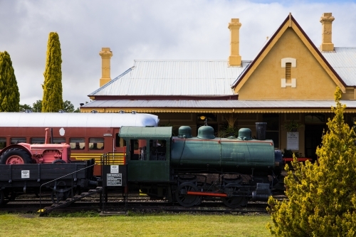 Trains in front of the station at the Tenterfield Railway Museum - Australian Stock Image