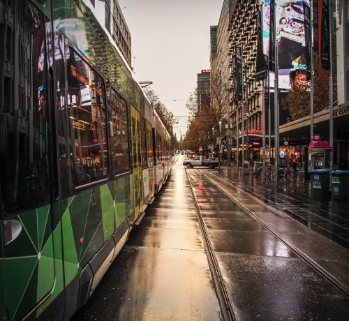 Tram on Bourke Street Mall in the morning - Melbourne CBD - Australian Stock Image