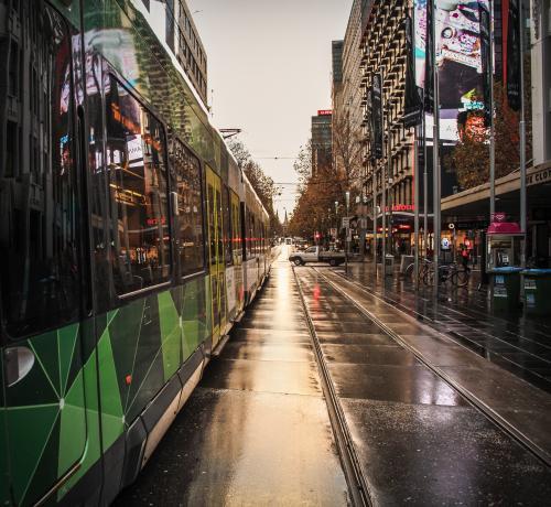 Tram on Bourke Street Mall in the morning - Melbourne CBD