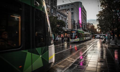 Trams on Bourke Street Mall in the morning - Melbourne CBD - Australian Stock Image