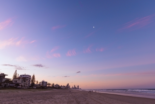 Tranquil beach afternoon with view of the Gold Coast city skyline - Australian Stock Image
