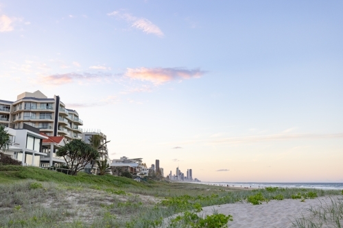 Tranquil beach afternoon with view of the Gold Coast city skyline - Australian Stock Image