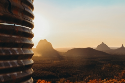 Tranquil sunset over the glasshouse mountains - Australian Stock Image
