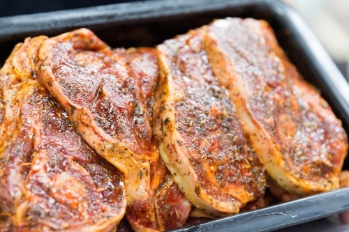 Tray of marinated lamb chops - Australian Stock Image