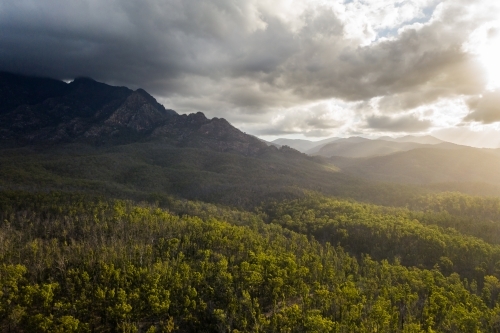 Tree-covered mountain landscape with overcast sky - Australian Stock Image