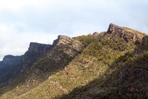 Tree covered sharp peaked Grampian Mountains in sunlight and shade - Australian Stock Image