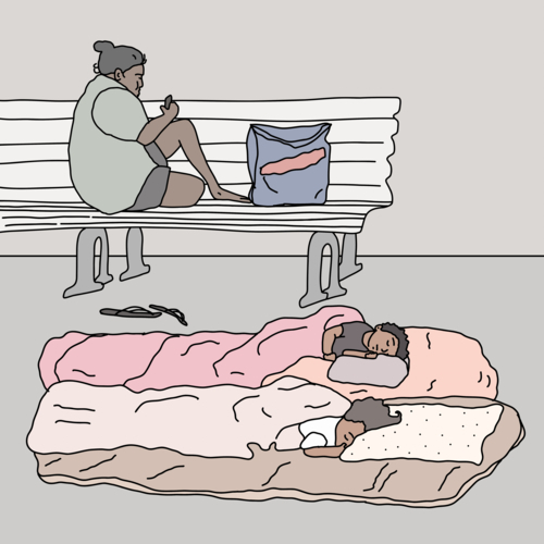 Two Aboriginal children sleeping on floor at station with mother sitting on bench - Australian Stock Image