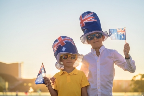 Two Australian kids celebrating Australia Day in Adelaide city - Australian Stock Image