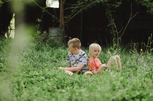 Two brothers sitting together in long grass on farm - Australian Stock Image