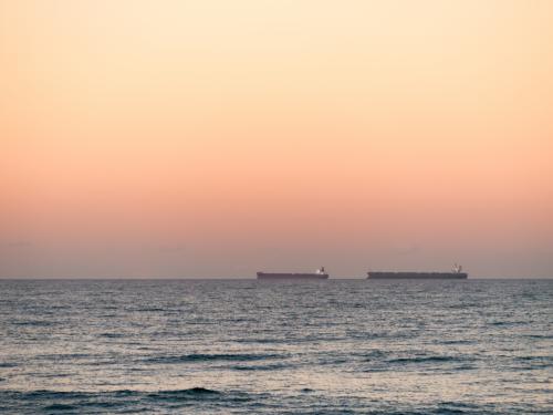 Two bulk carriers (ships) on the horizon at dusk