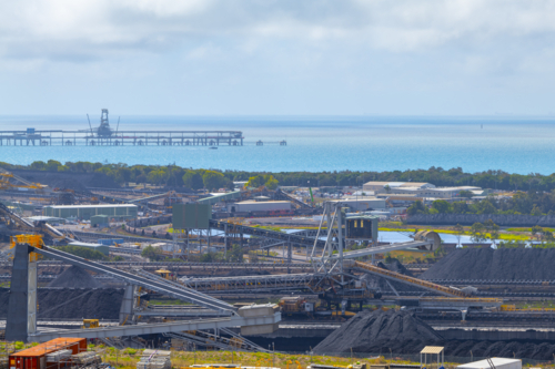 Two coal terminals at the port, Hay Point Coal Terminal and Dalrymple Bay Coal Terminal - Australian Stock Image