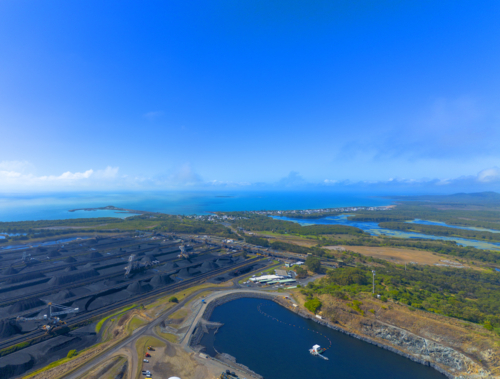 Two coal terminals at the port, Hay Point Coal Terminal and Dalrymple Bay Coal Terminal - Australian Stock Image