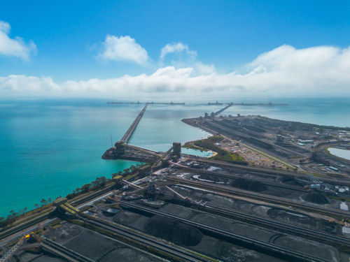 Two coal terminals at the port, Hay Point Coal Terminal and Dalrymple Bay Coal Terminal - Australian Stock Image