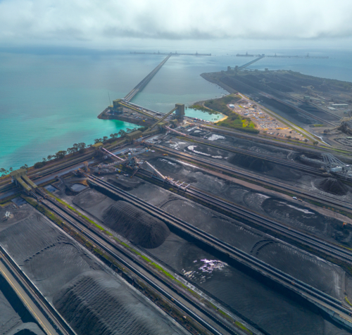 Two coal terminals at the port, Hay Point Coal Terminal and Dalrymple Bay Coal Terminal - Australian Stock Image