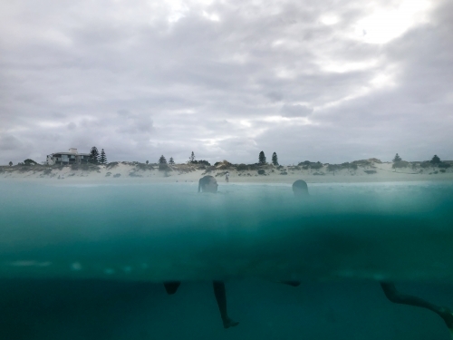 Two females swimming in ocean half view underwater and above water with beach in background - Australian Stock Image