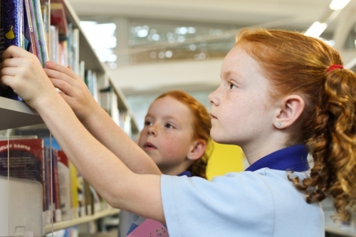 Two girls choosing books at the Library - Australian Stock Image