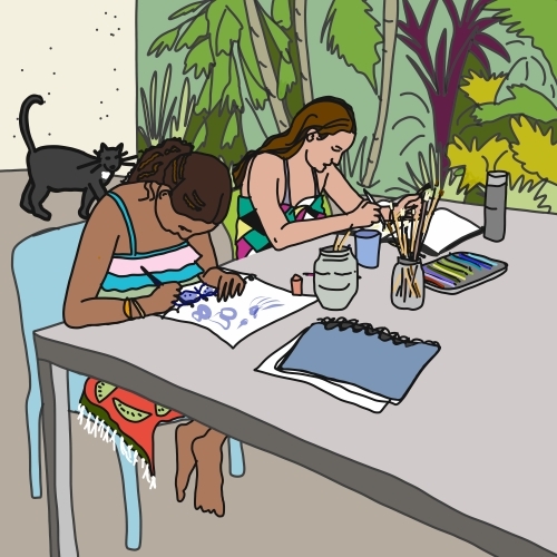 Two girls in bathers and towels painting at outdoor table at home with cat in background