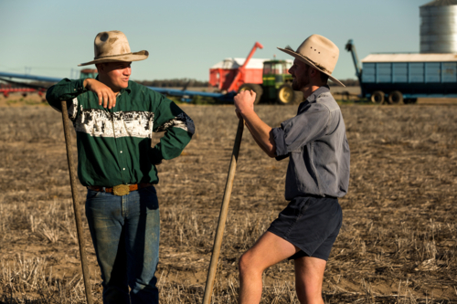 Two men looking at each other with a rake and a shovel on a farm - Australian Stock Image