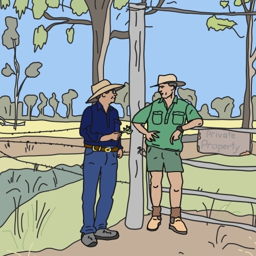 Two pastoralists chatting at farm gate - Australian Stock Image
