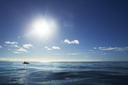 Two people paddle a kayak on a blue ocean