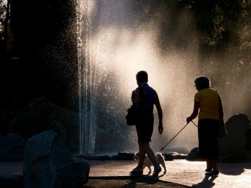 Two people walking a dog in front of a back lit fountain