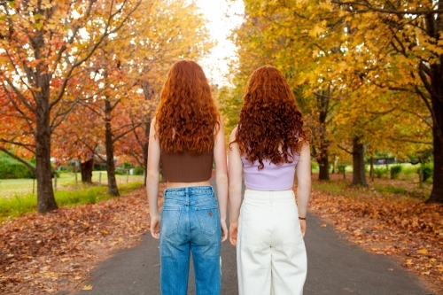 Two teenage girls standing in a street lined with Autumn trees - Australian Stock Image