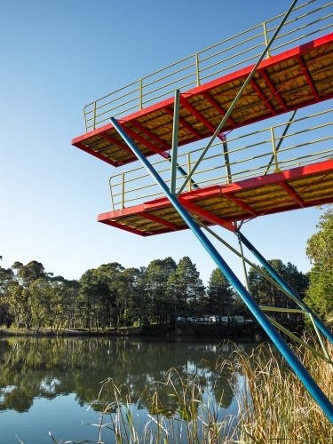 two tiered diving platform and lake