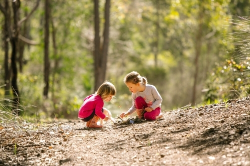 Two young girls play in the bush
