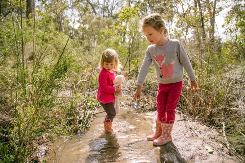 Two young girls play in the bush - Australian Stock Image