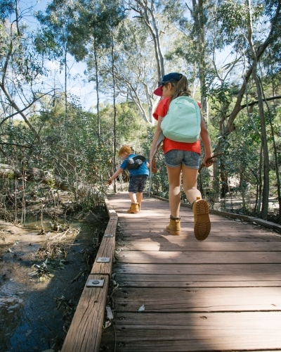 Two young kids going on a bush walk along a wooden boardwalk