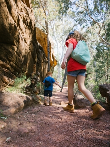 Two young kids going on a bush walk - Australian Stock Image