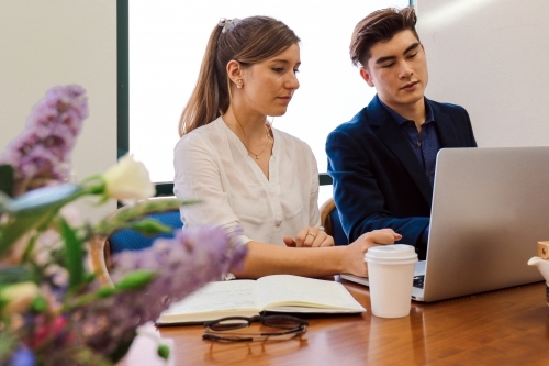 Two young professional office workers sitting at a meeting table with laptop - Australian Stock Image