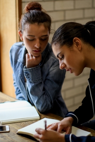 Two young women studying together and writing notes at desk - Australian Stock Image