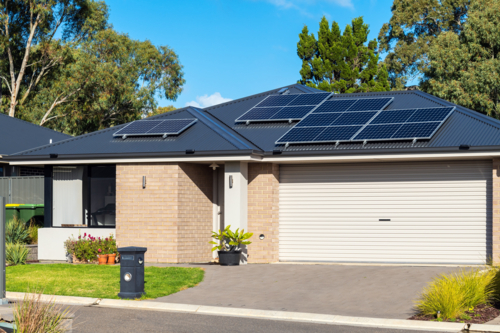 Typical new residential property with solar panels in South Australia - Australian Stock Image