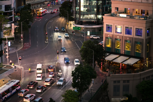 Urban intersection at night-time viewed from elevated viewpoint - Australian Stock Image