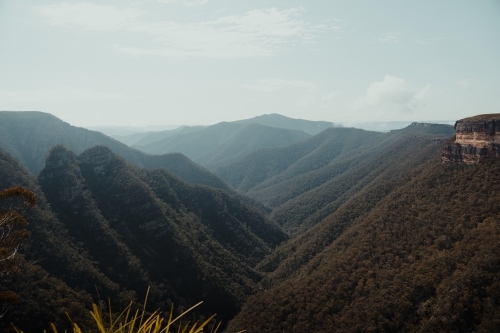 Valley view with mountains at Kanangra Walls Lookout on a sunny day - Australian Stock Image