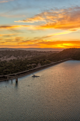 Vertical Aerial view of Glenbawn Dam at sunset in NSW Australia. - Australian Stock Image