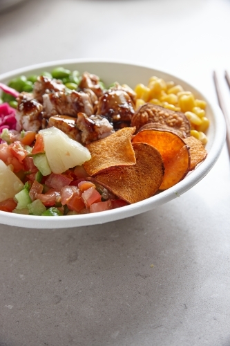 vertical close up shot of a poke bowl - Australian Stock Image
