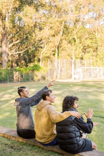 Vertical photo of 3 interracial men sitting on a bench in a field, smiling and cheering - Australian Stock Image