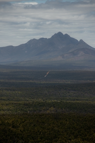 vertical shot of an outback with grass, bushes, and mountain on a gloomy day - Australian Stock Image