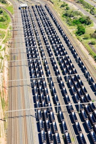 Vertical shot of coal trains lined up near Gladstone - Australian Stock Image
