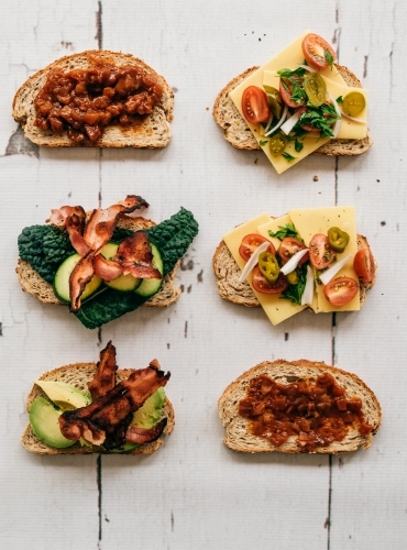 Vertical shot of different kinds of sandwich fillings